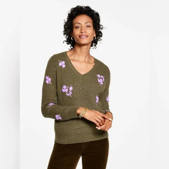 Talbots Olive V-Neck Sweater with Purple Floral Design - Picture 2 of 7